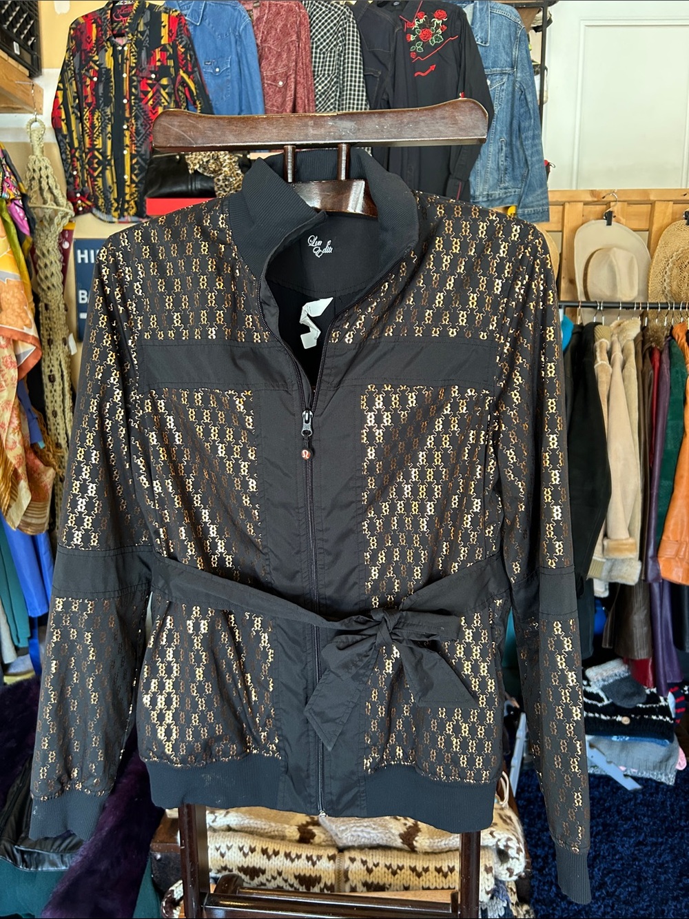 RARE lululemon athletica Black Bomber Jacket with Gold Lulu Pattern
